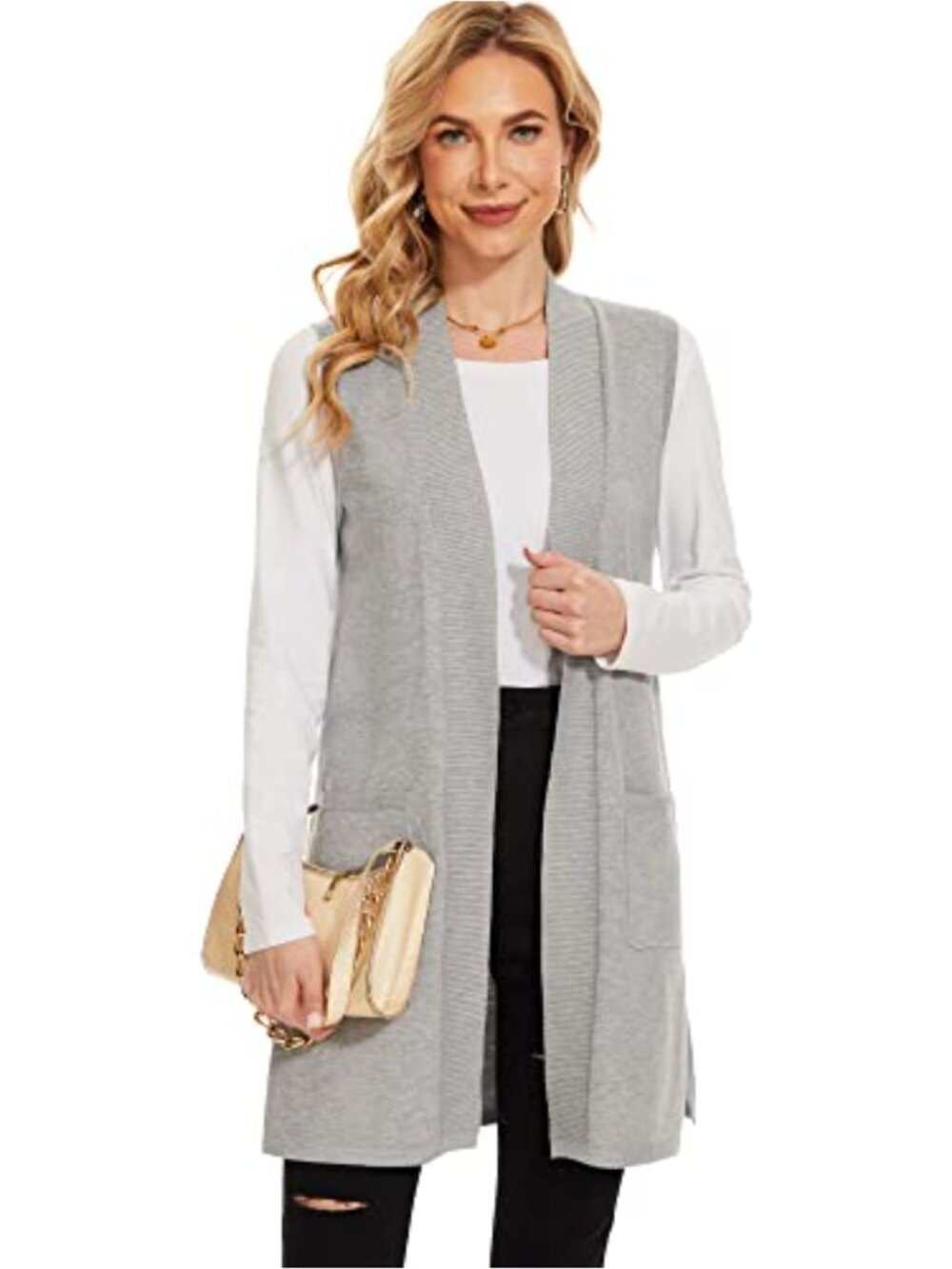Women Sleeveless Ribbed Knit Open Front Cardigan Vest with Pockets